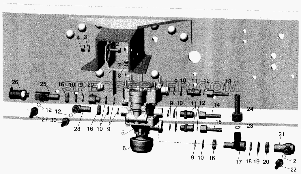 Установка клапана прицепа и присоединительной арматуры МАЗ-543203, 543202 для МАЗ-543202 (список запасных частей)