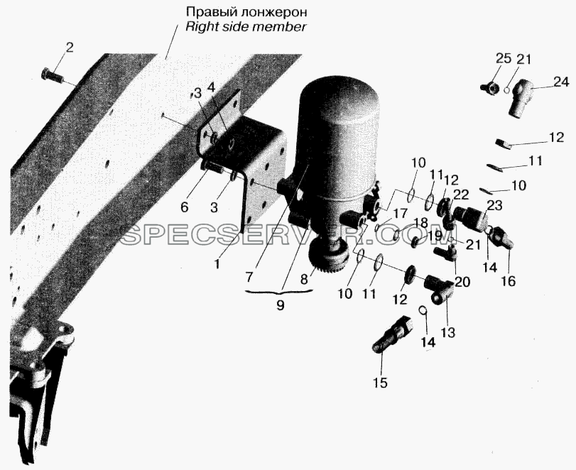 Установка осушителя воздуха и присоединительной арматуры МАЗ-555102 для МАЗ-543202 (список запасных частей)