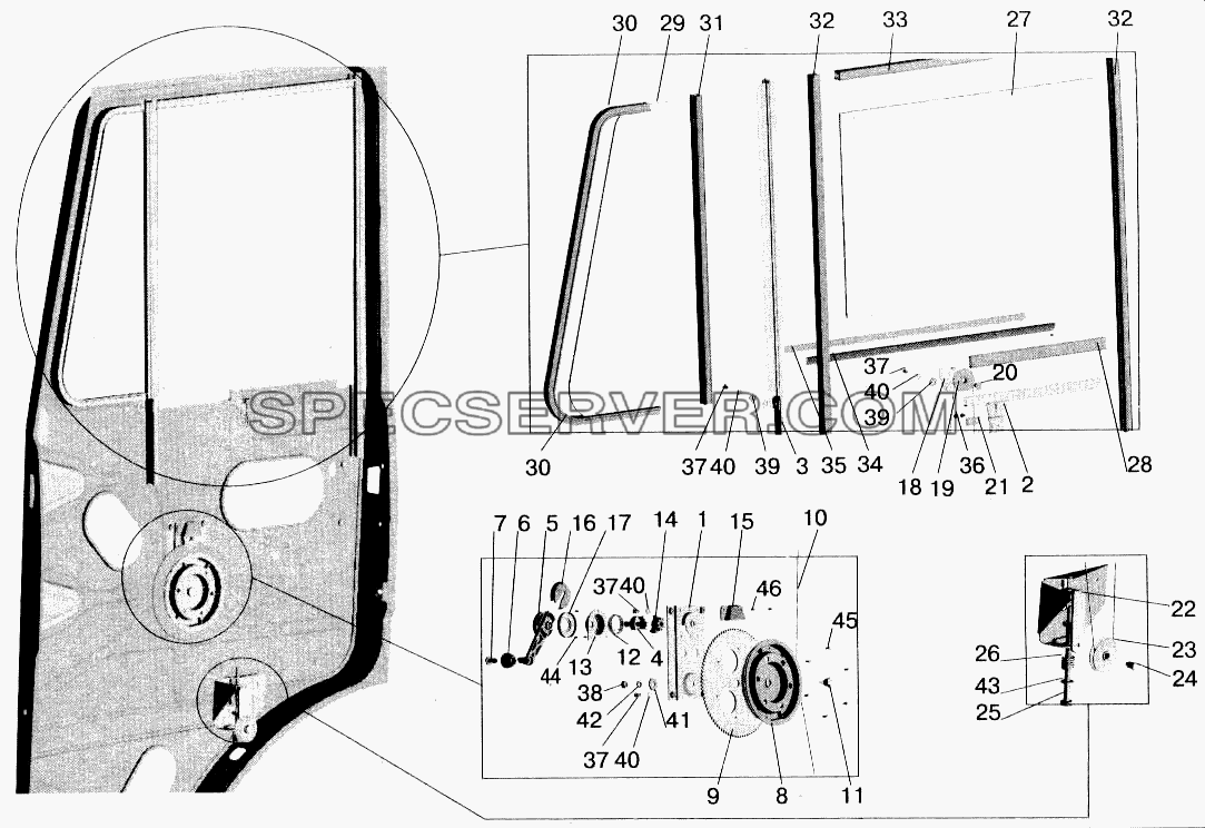 Установка стеклоподъемника и ручки стеклоподъемника для МАЗ-543202 (список запасных частей)