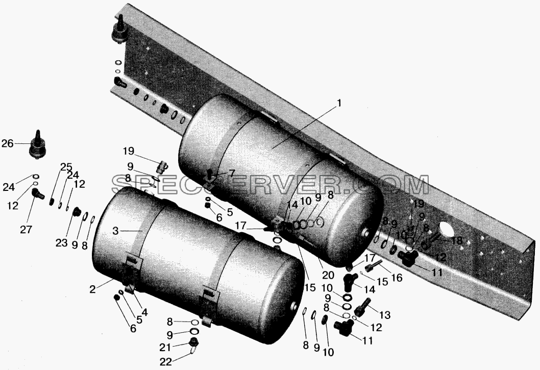 Установка ресиверов и присоединительной арматуры на МАЗ-555102 для МАЗ-543202 (список запасных частей)