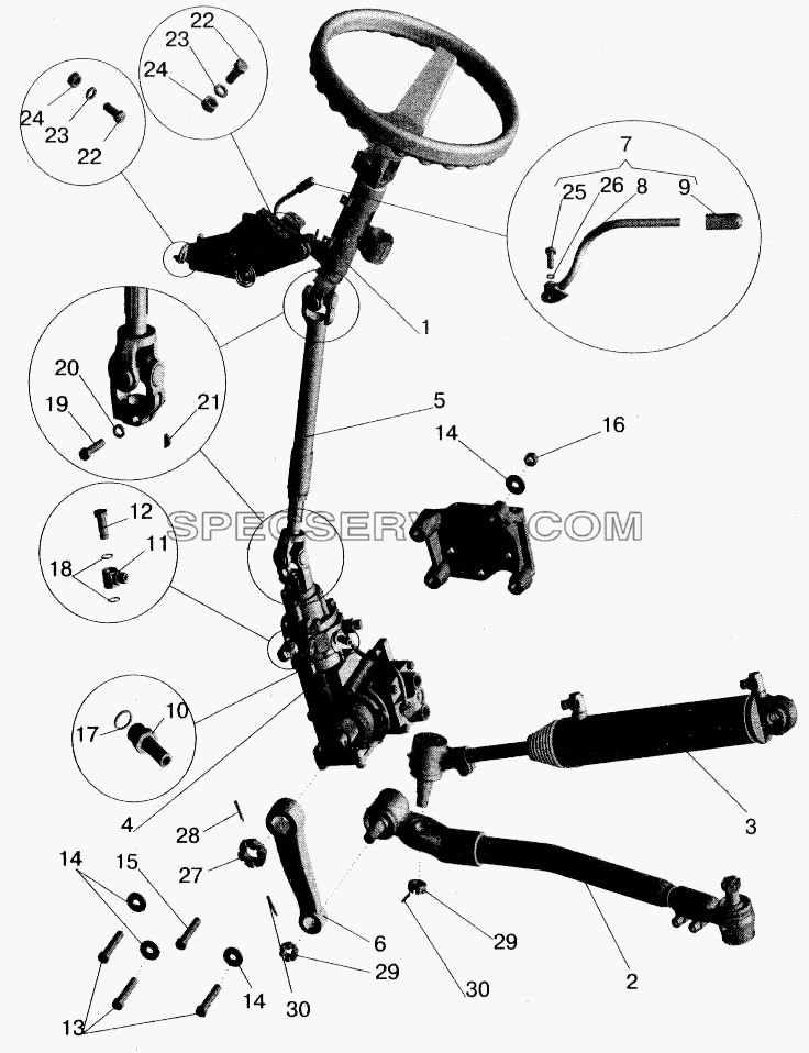 Установка рулевой колонки и рулевого механизма для МАЗ-543202 (список запасных частей)