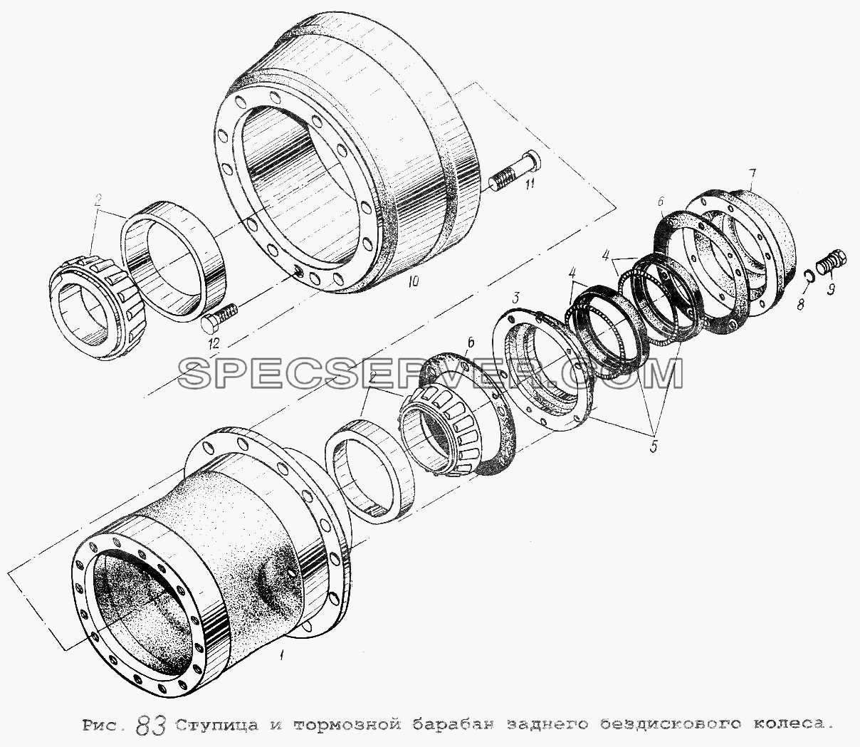 Ступица и тормозной барабан заднего бездискового колеса для МАЗ-54323 (список запасных частей)