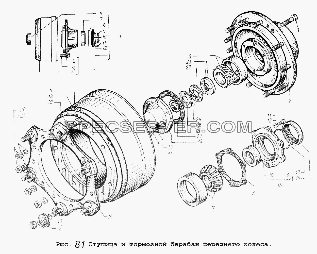 Ступица и тормозной барабан переднего колеса для МАЗ-54323 (список запасных частей)