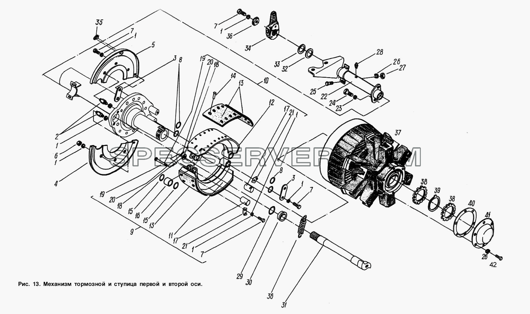 Механизм тормозной и ступица первой и второй оси для МАЗ-93892 (список запасных частей)