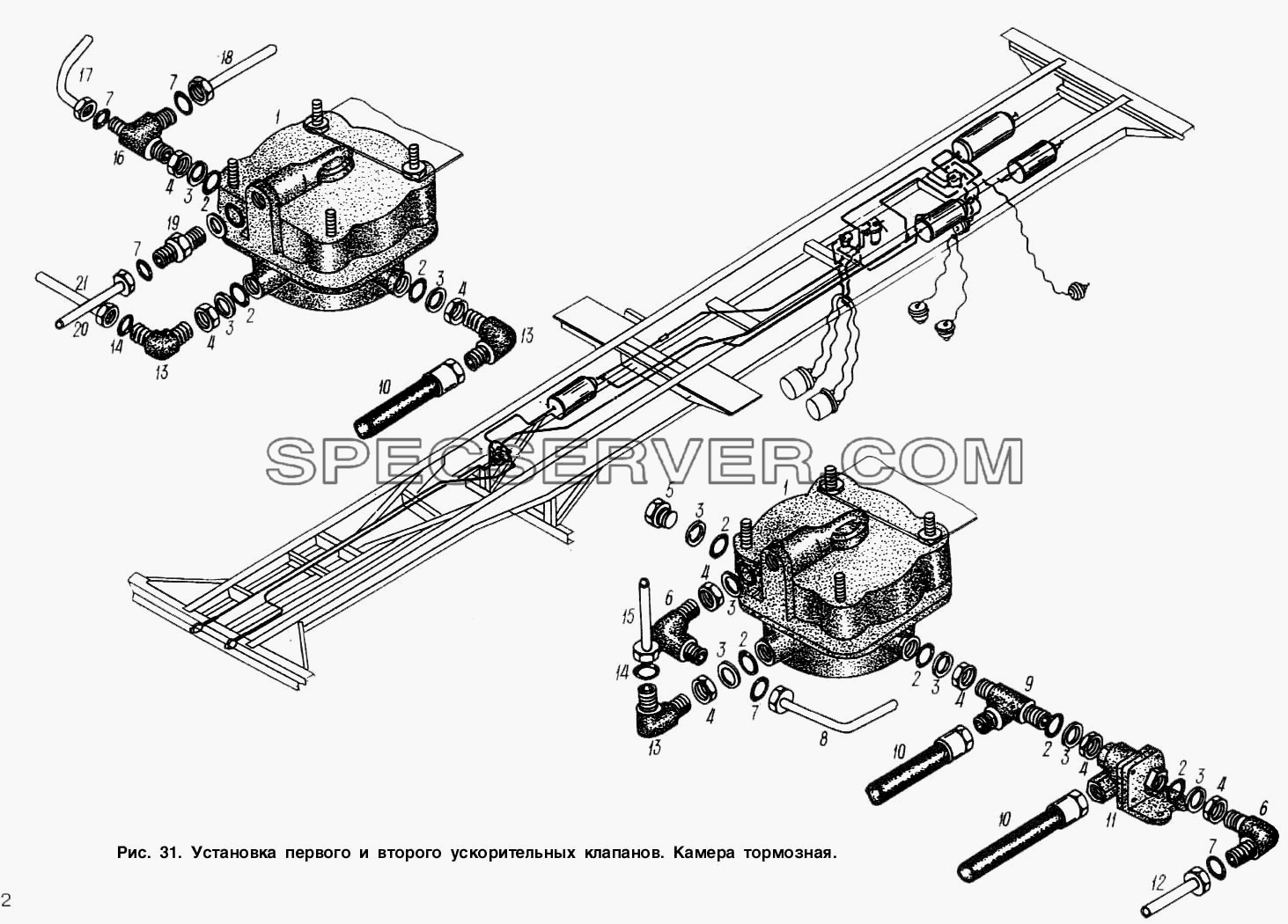 Установка первого и второго ускорительных клапанов для МАЗ-93892 (список запасных частей)