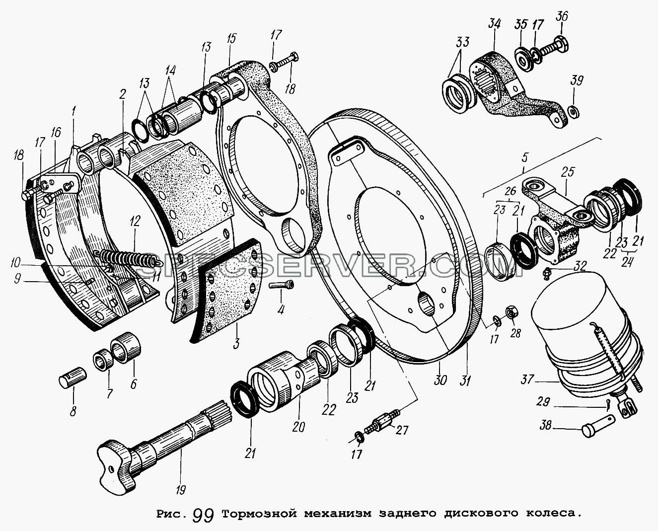 Тормозной механизм заднего дискового колеса для МАЗ-5337 (список запасных частей)