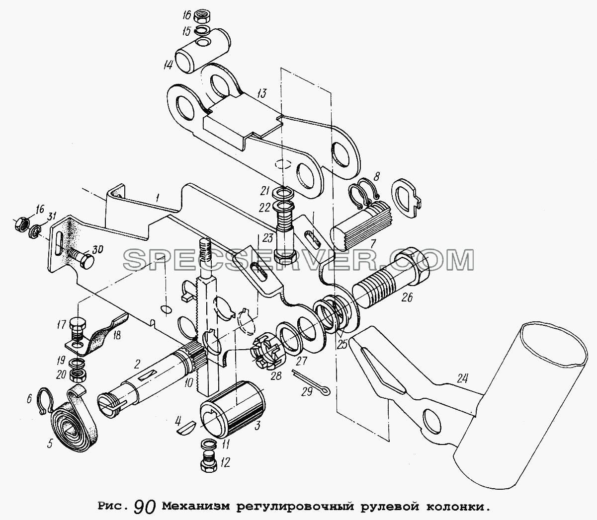 Механизм регулировочный рулевой колонки для МАЗ-5337 (список запасных частей)