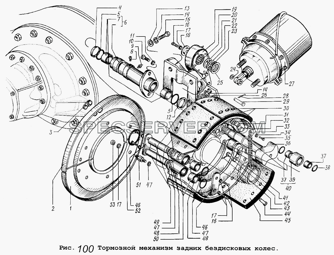 Тормозной механизм задних бездисковых колес для МАЗ-5337 (список запасных частей)