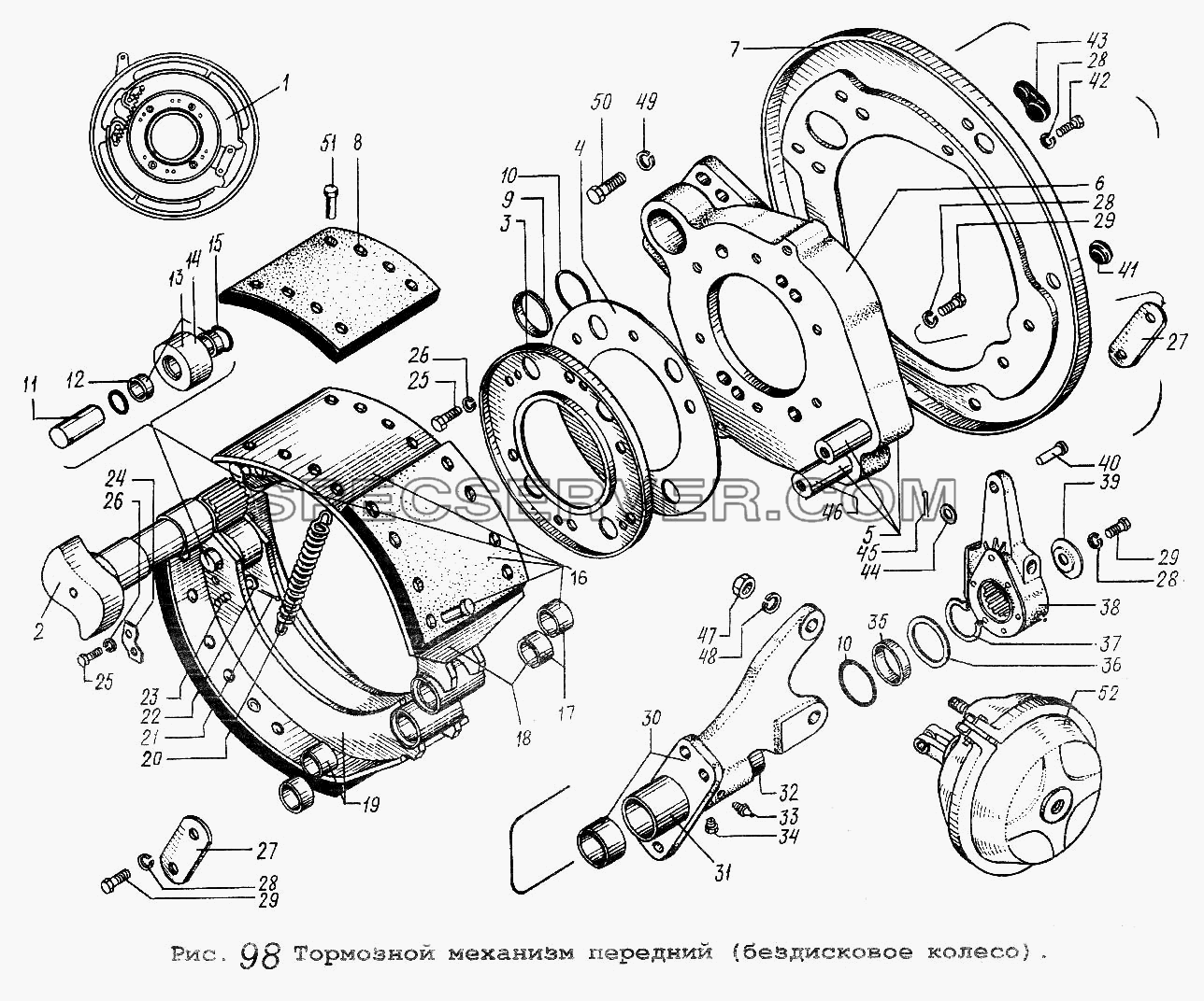 Тормозной механизм передний (бездисковое колесо) для МАЗ-5337 (список запасных частей)