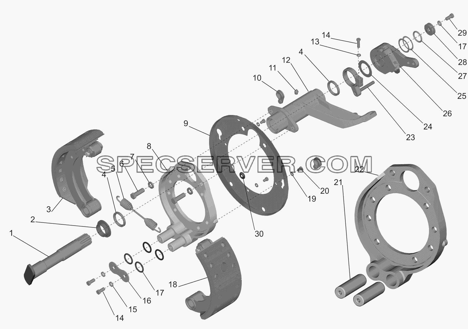 Тормозной механизм передней оси для МАЗ-437130 (Зубрёнок) (список запасных частей)