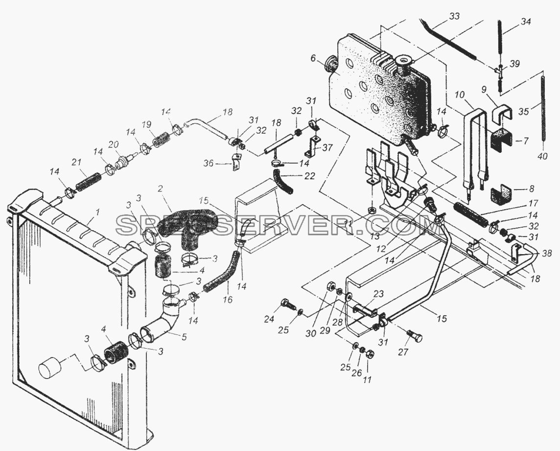 Установка трубопроводов системы охлаждения для МАЗ-54326 (список запасных частей)
