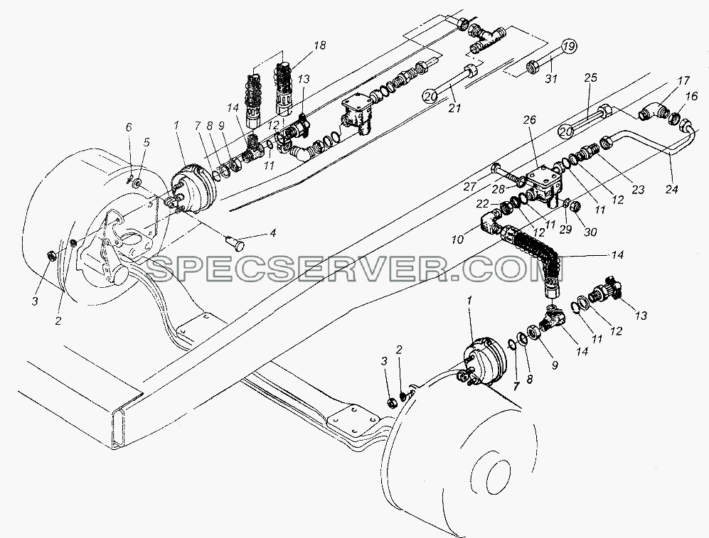 Крепление передних тормозных камер и трубопроводы для МАЗ-54326 (список запасных частей)