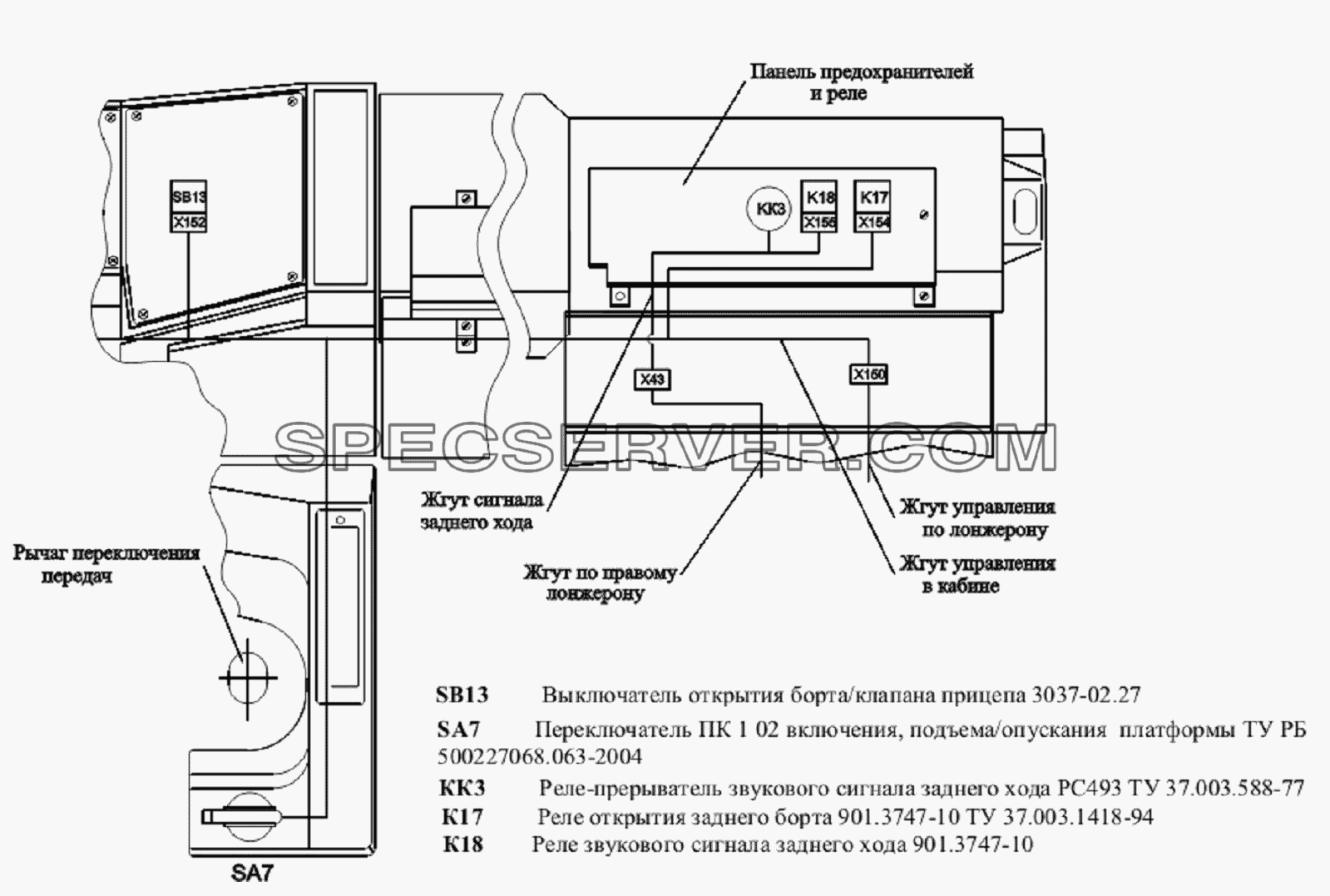 Расположение разъемов и элементов электрооборудования на управления подъемом и опусканием платформы для МАЗ-651705 (список запасных частей)