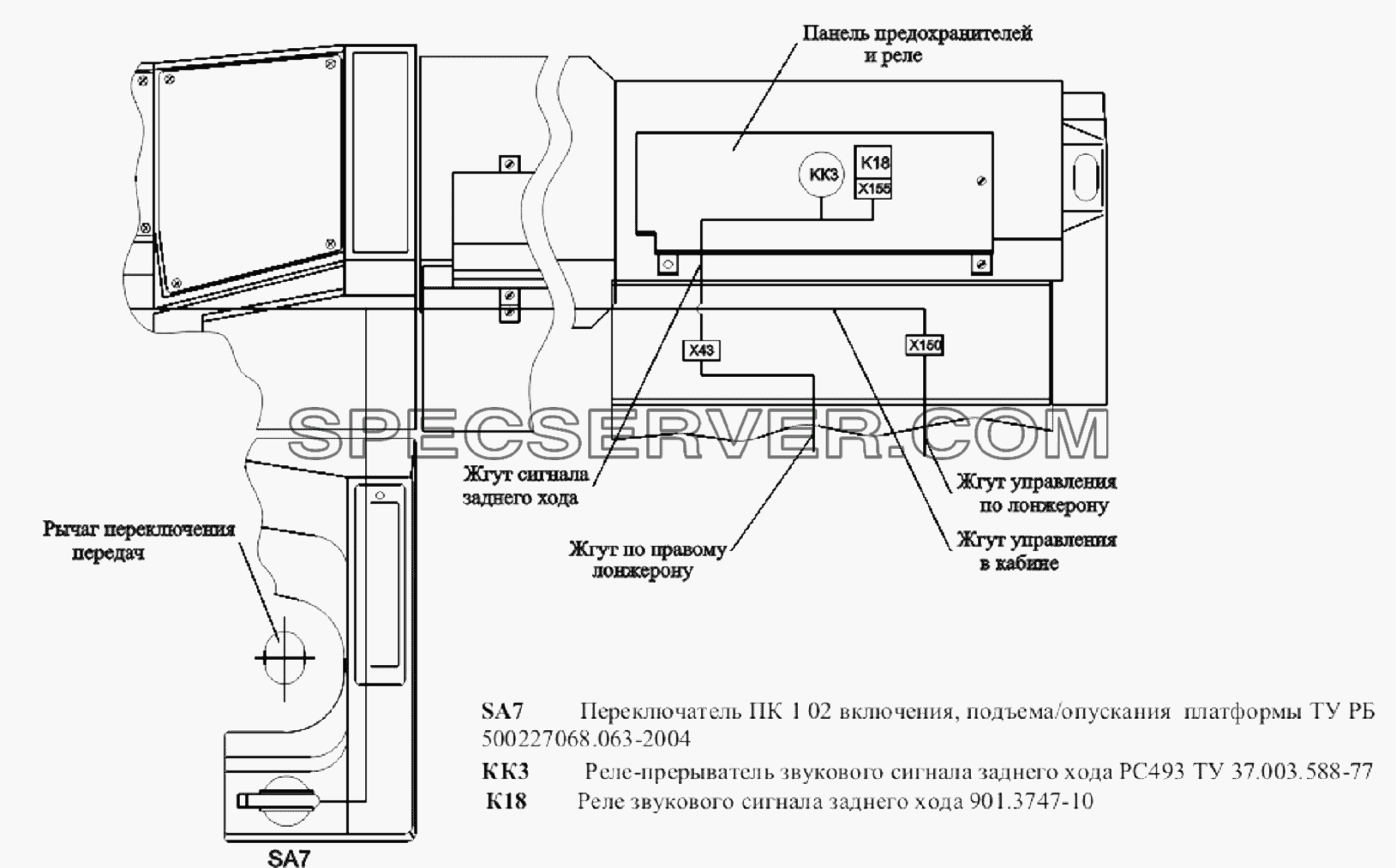 Расположение разъемов и элементов электрооборудования управления подъемом и опусканием ковшовой платформы для МАЗ-651705 (список запасных частей)