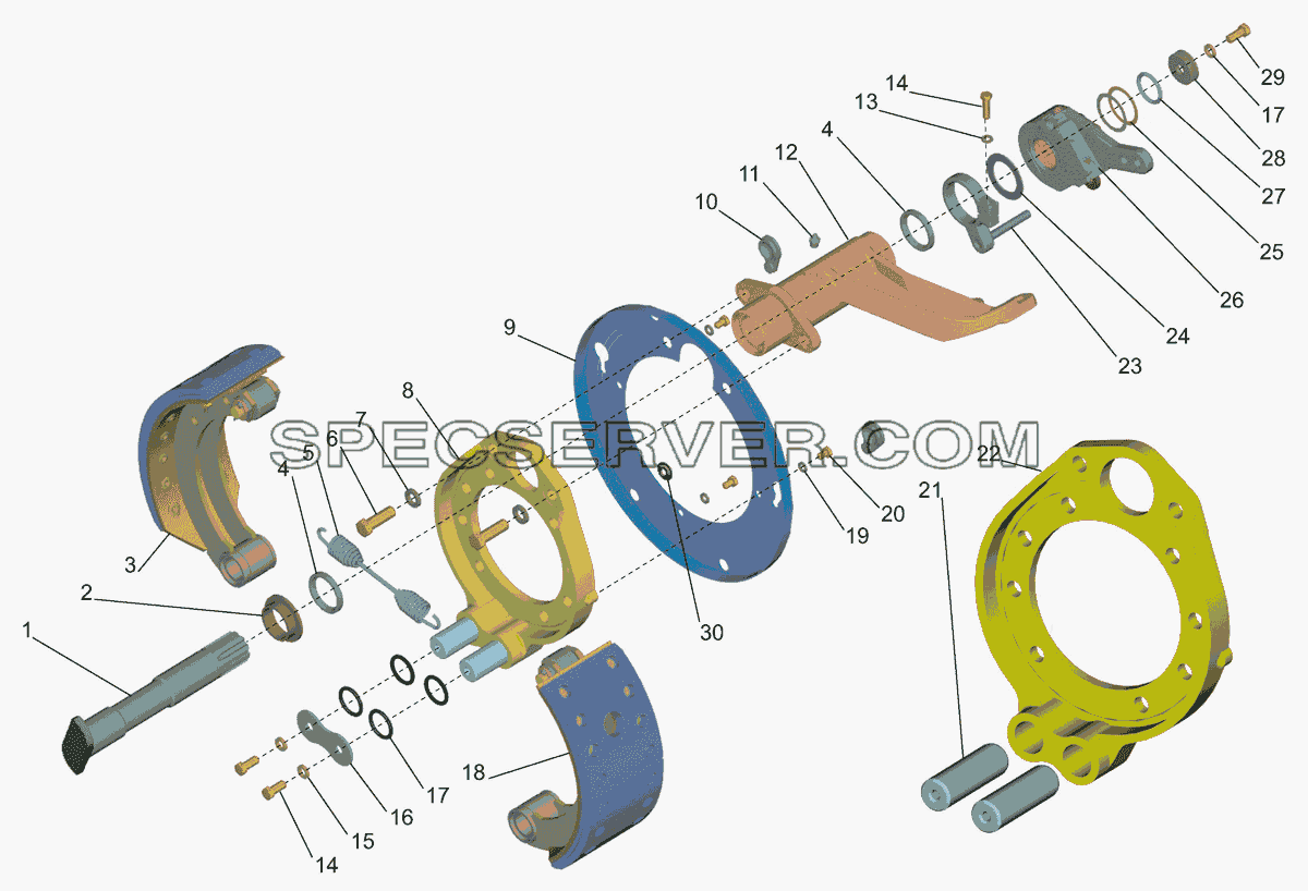 Тормозной механизм передней оси для МАЗ-437040 (Зубрёнок) (список запасных частей)