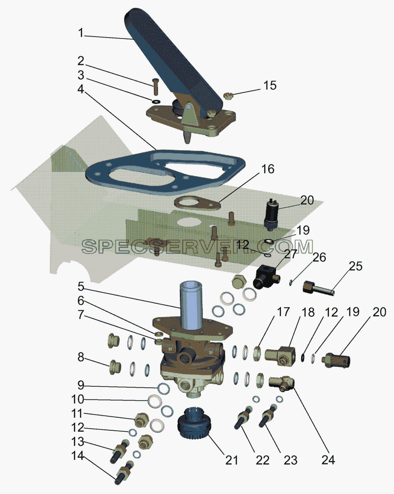 Тормозной кран с присоединительной арматурой для МАЗ-437040 (Зубрёнок) (список запасных частей)