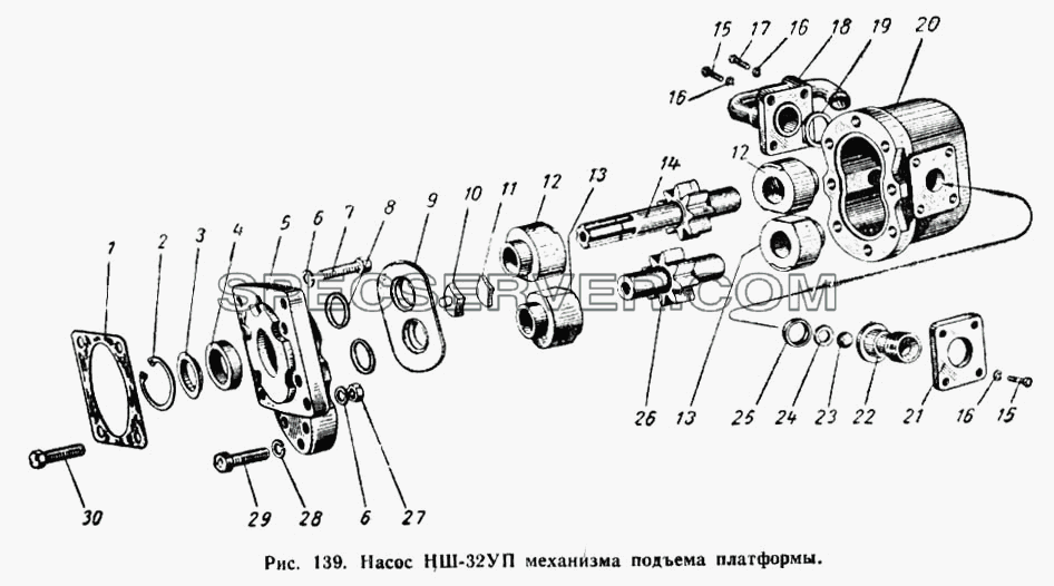 Насос НШ-32УП механизма подъема платформы для МАЗ-504А (список запасных частей)