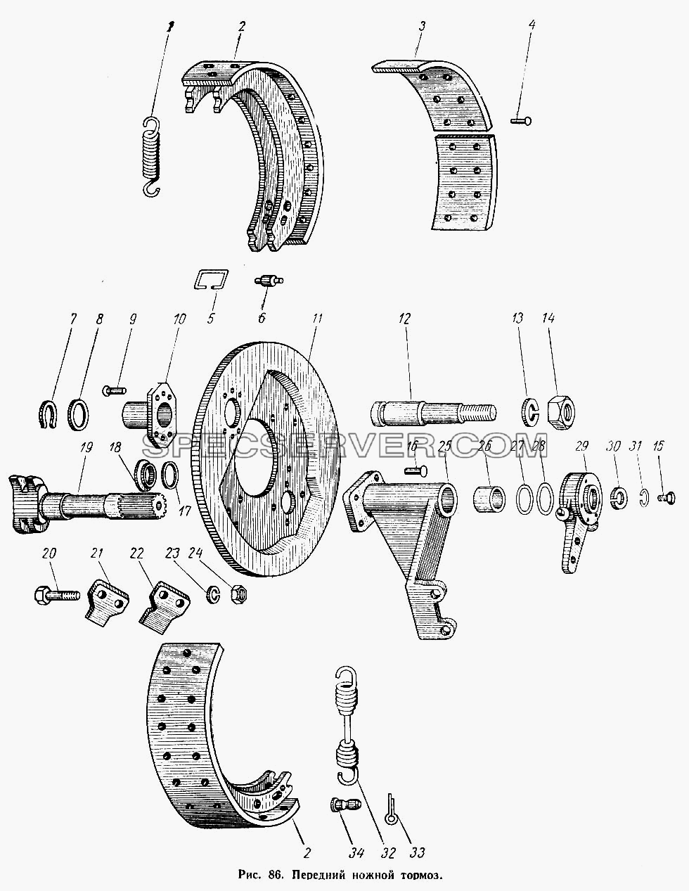 Передний ножной тормоз для МАЗ-504А (список запасных частей)
