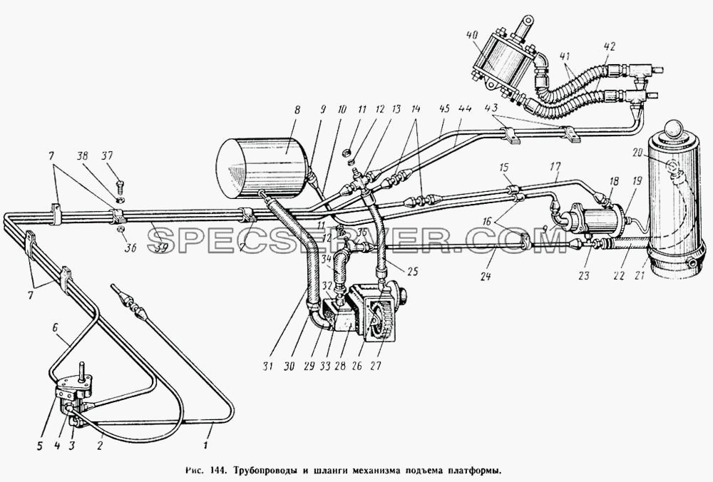 Трубопроводы и шланги механизма подъема платформы для МАЗ-504А (список запасных частей)