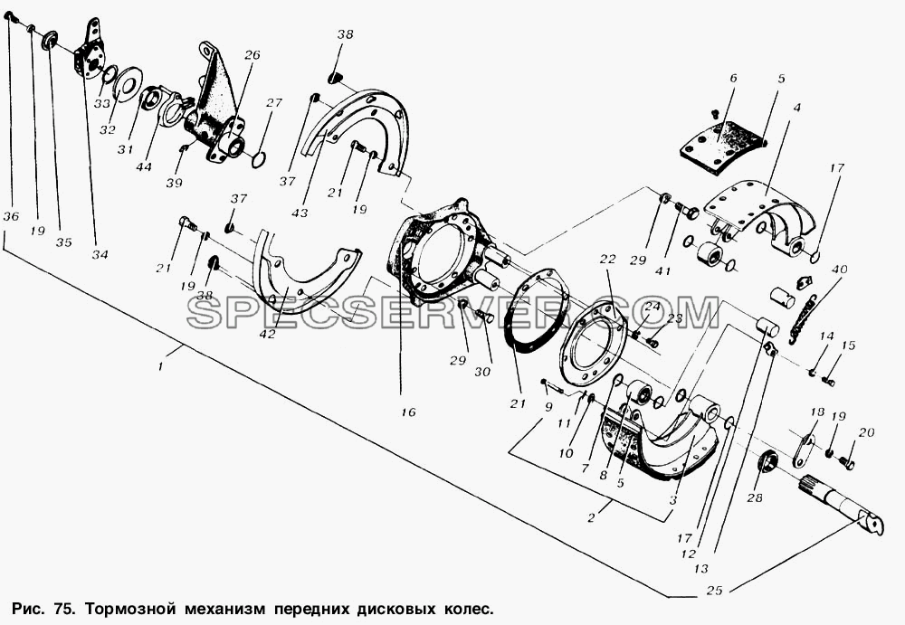 Тормозной механизм передних дисковых колес для МАЗ-53363 (список запасных частей)