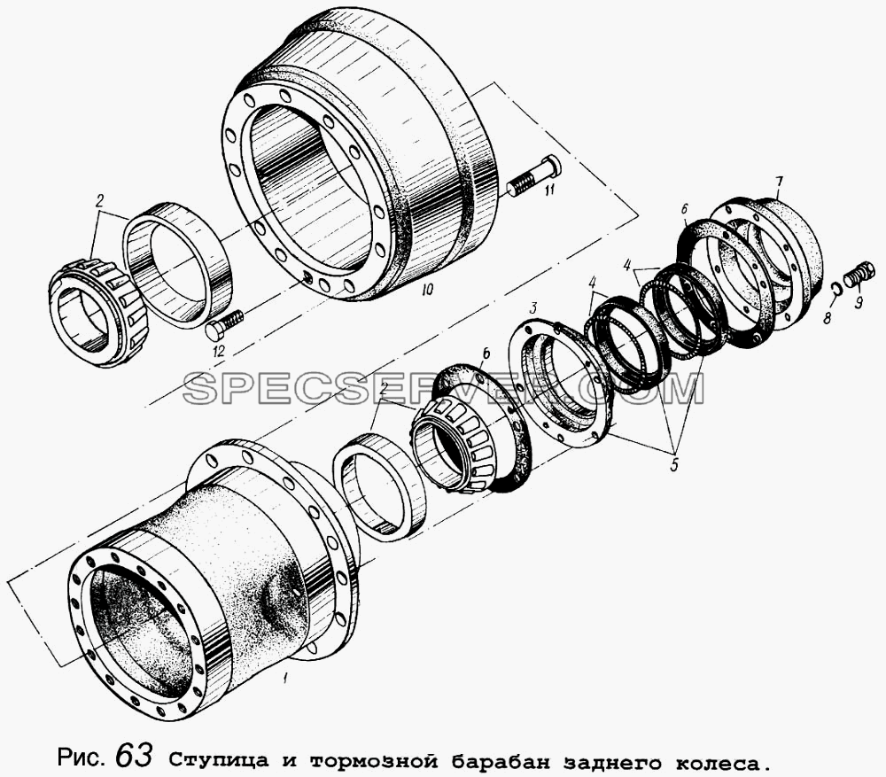 Ступица и тормозной барабан заднего колеса для МАЗ-5434 (список запасных частей)