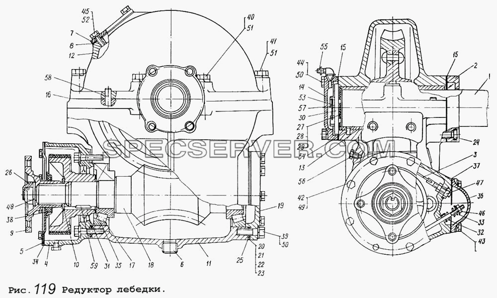 Редуктор лебедки для МАЗ-5434 (список запасных частей)