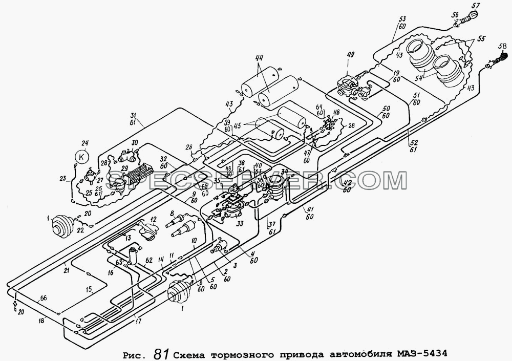Схема тормозного привода автомобиля МАЗ-5434 для МАЗ-5434 (список запасных частей)