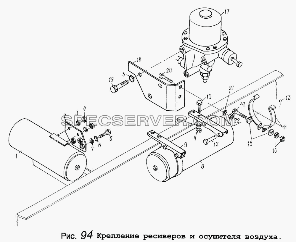 Крепление ресиверов и осушителя воздуха для МАЗ-5434 (список запасных частей)