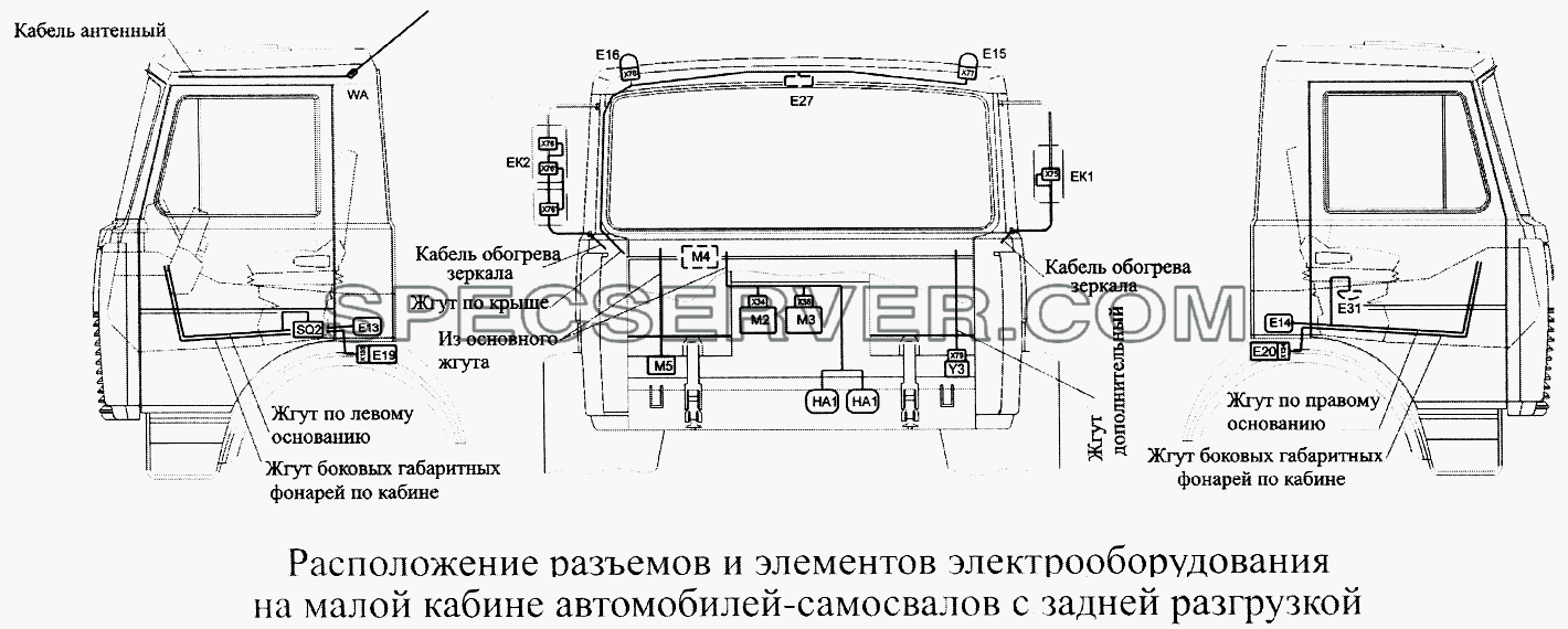 Расположение разъемов и элементов электрооборудования на малой кабине автомобилей-самосвалов с задней разгрузкой для МАЗ-5516А5 (список запасных частей)