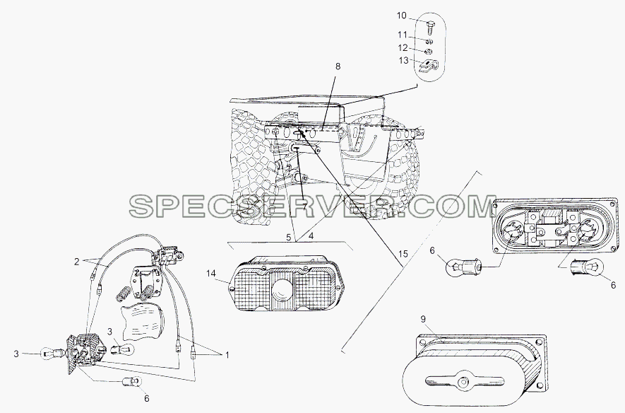 Установка задних фонарей для МАЗ-543 (7310) (список запасных частей)