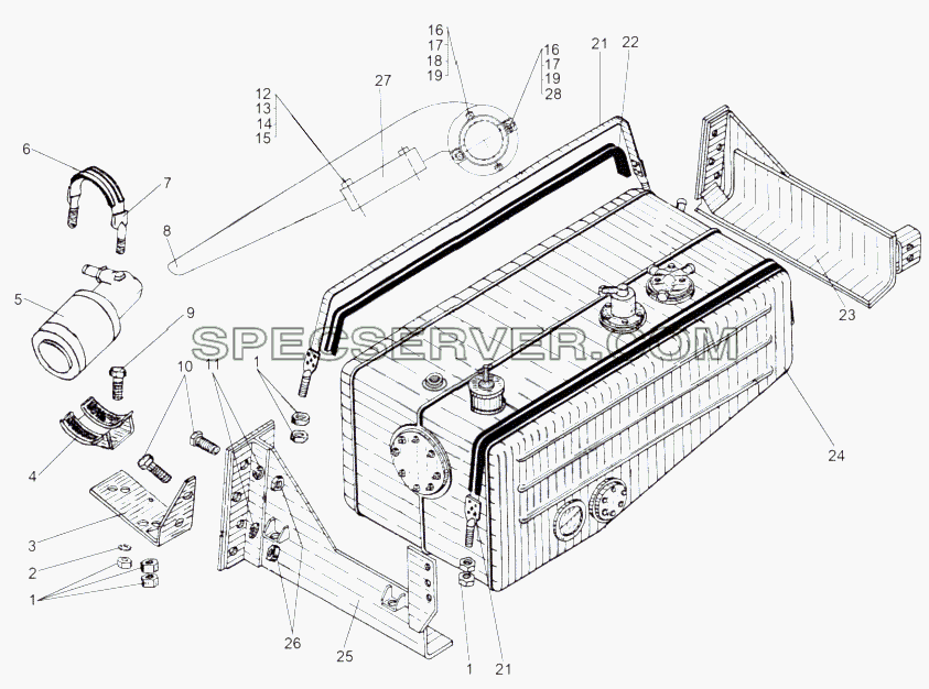 Установка масляного бака двигателя и задней выхлопной трубы для МАЗ-543 (7310) (список запасных частей)