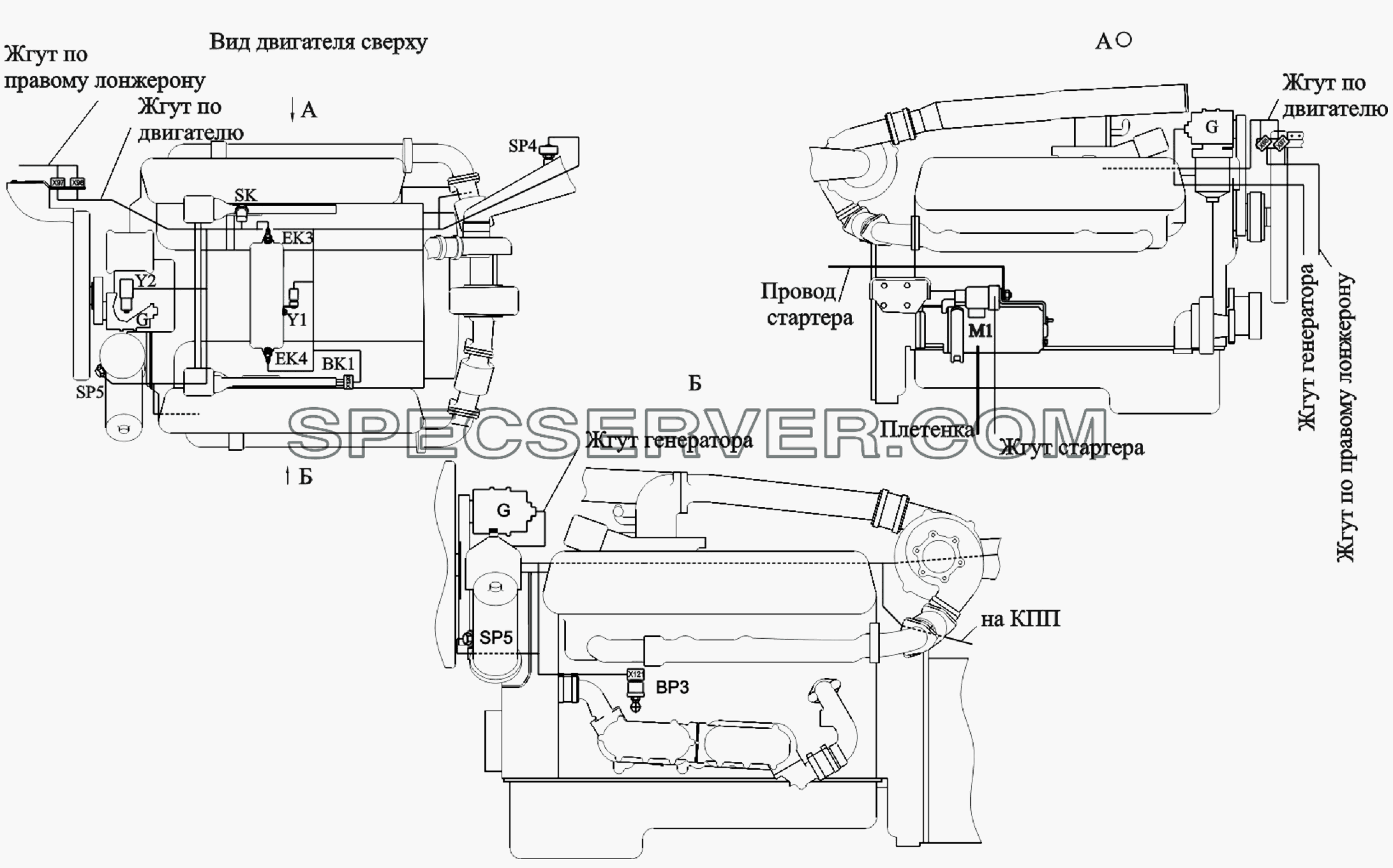 Расположение разъемов и элементов электрооборудования на двигателе ЯМЗ-6582.10 для МАЗ-6303A3, 6303A5 (список запасных частей)