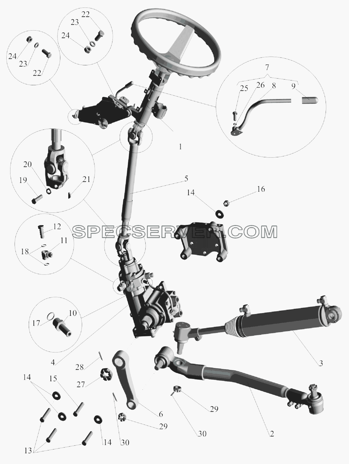 Установка рулевой колонки и рулевого механизма для МАЗ-6303A3, 6303A5 (список запасных частей)