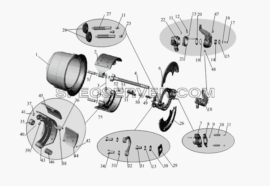 Тормозной механизм задних колес и средних колес (для барабана диаметром 410мм, с шириной накладок 220мм) для МАЗ-533731 (список запасных частей)