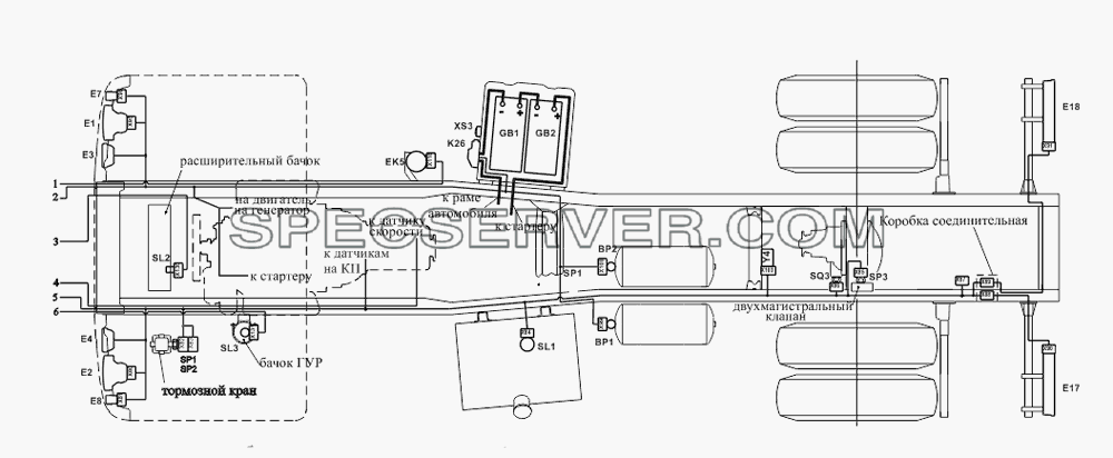 Расположение разъемов и элементов электрооборудования на шасси для МАЗ-533731 (список запасных частей)