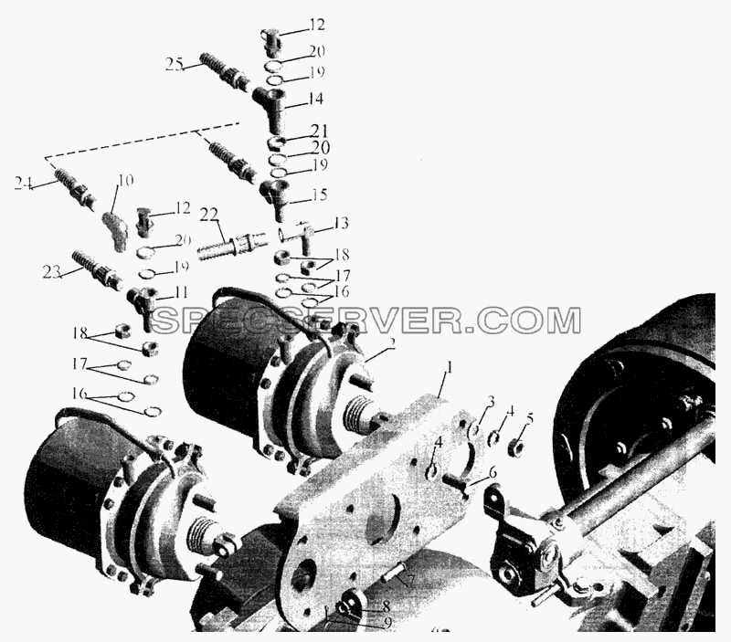 Установка задних тормозных камер и присоединительной арматуры для МАЗ-643068 (список запасных частей)