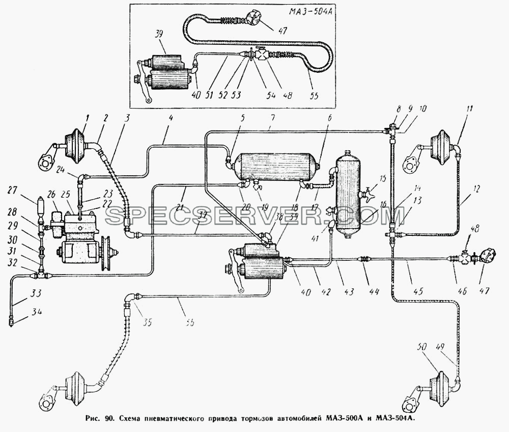 Схема пневматического привода тормозов автомобилей МАЗ-500А и МАЗ-504А для МАЗ-503А (список запасных частей)