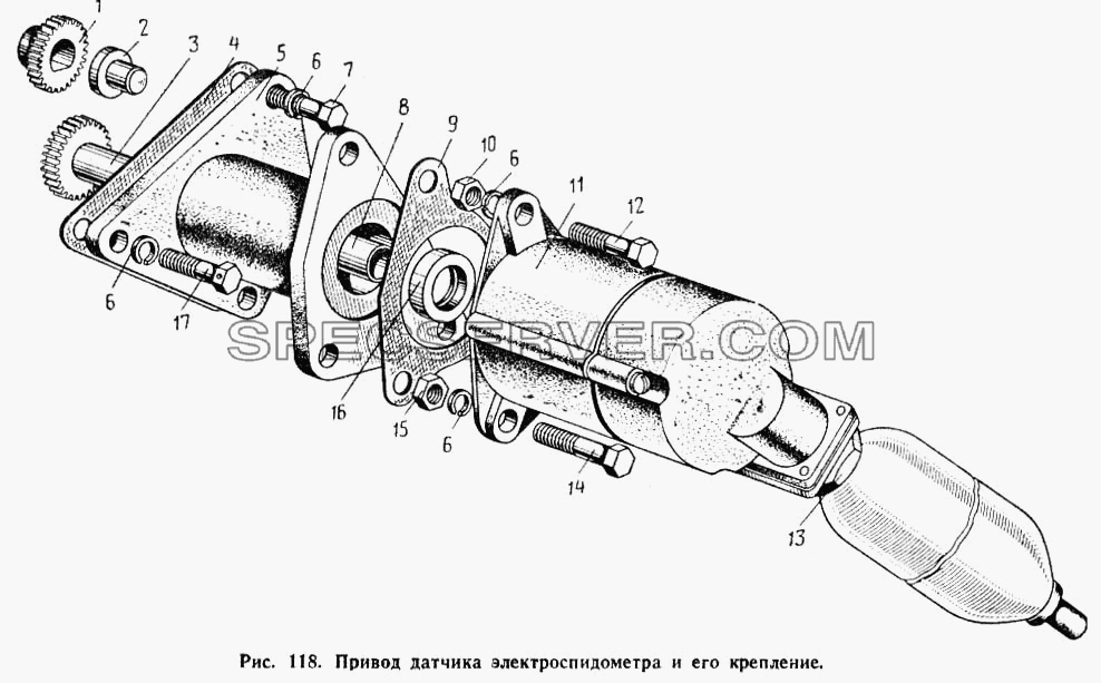 Привод датчика электроспидометра и его крепление для МАЗ-503А (список запасных частей)