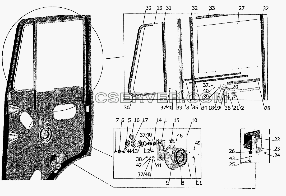 Установка стеклоподъемника и ручки стеклоподъемника для МАЗ-6303 (2005) (список запасных частей)