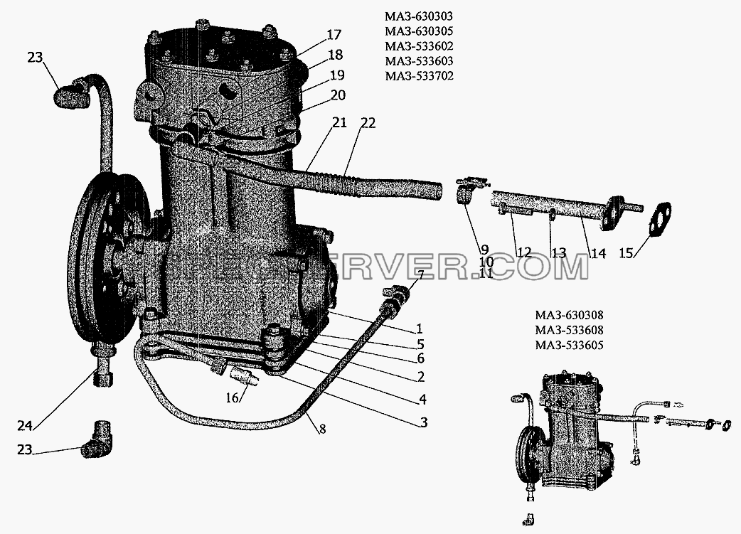 Установка пневмокомпрессора для МАЗ-6303 (2005) (список запасных частей)