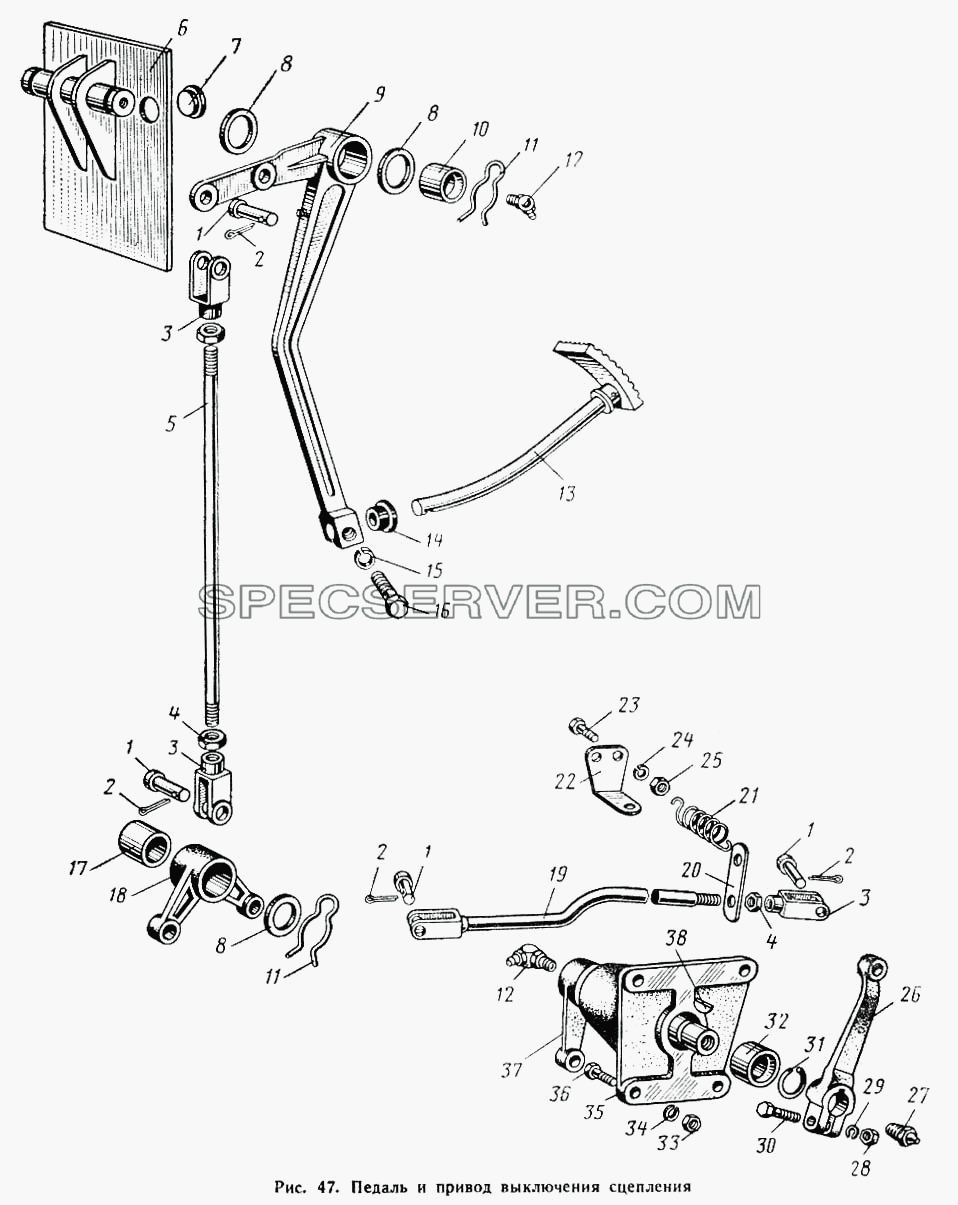 Педаль и привод выключения сцепления для МАЗ-500А (список запасных частей)