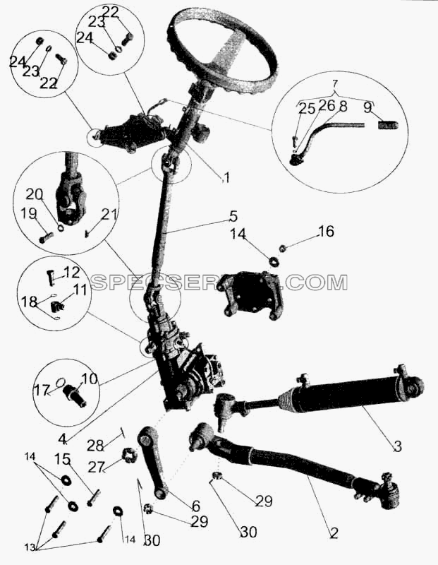 Установка рулевой колонки и рулевого механизма для МАЗ-5336 (список запасных частей)