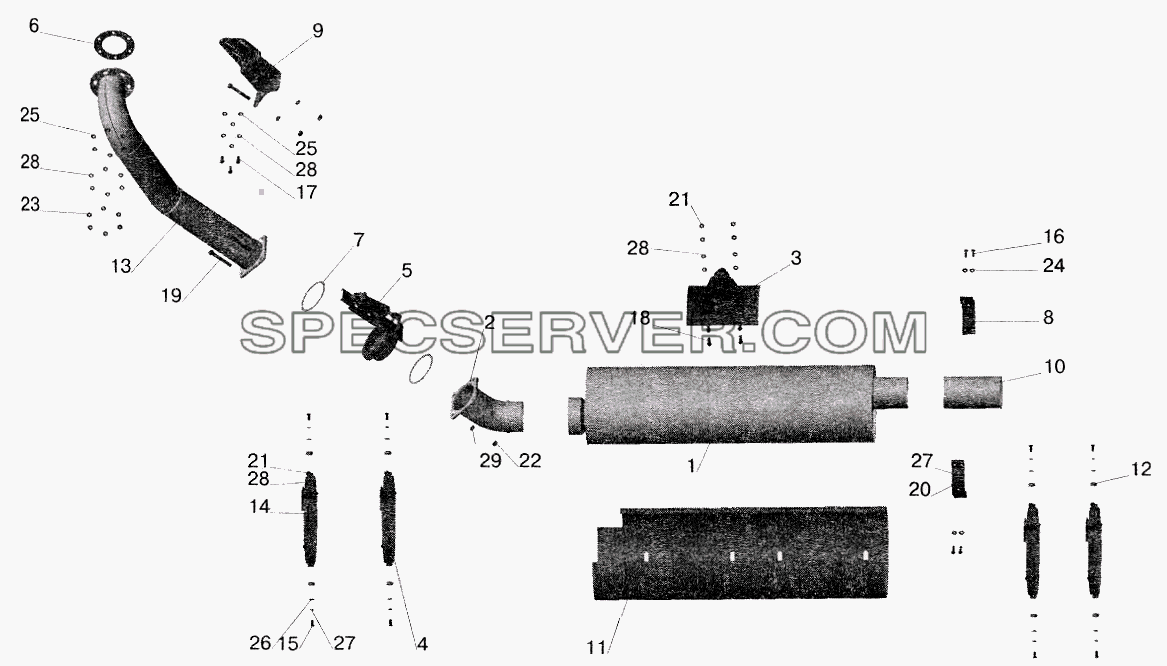Установка системы выпуска отработавших газов МАЗ-555102, 551603 для МАЗ-5516 (2003) (список запасных частей)