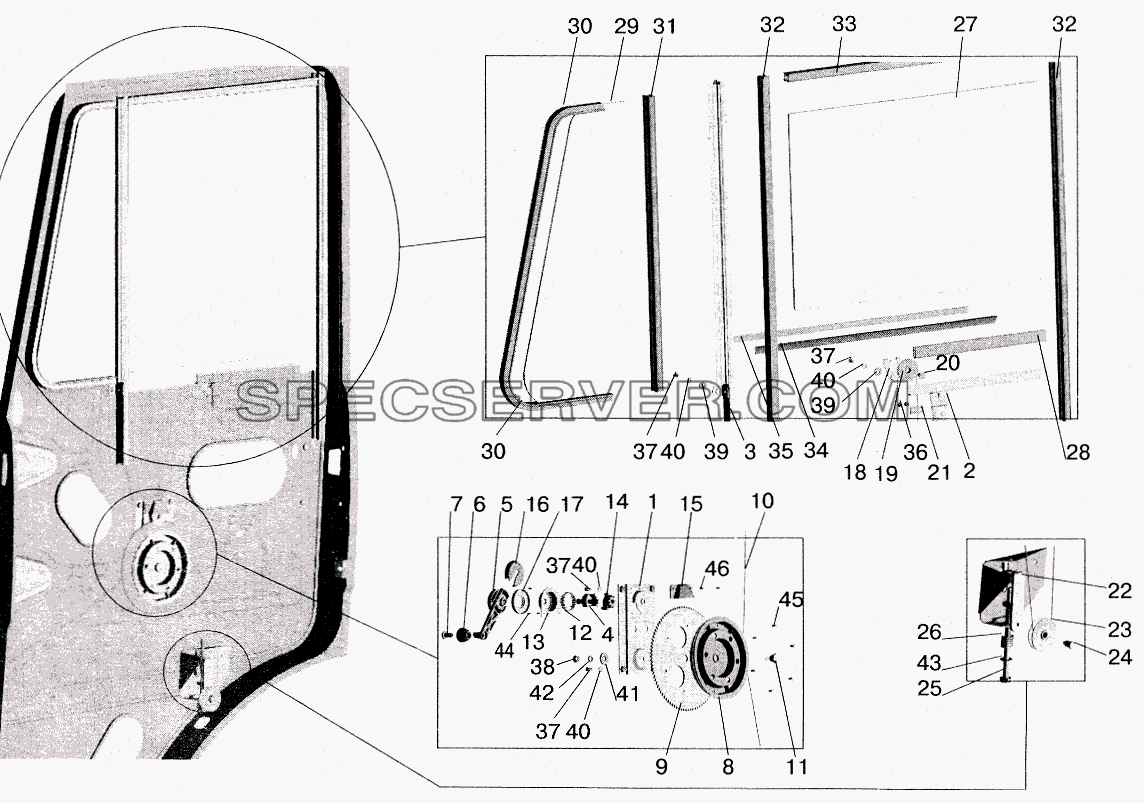 Установка стеклоподъемника и ручки стеклоподъемника для МАЗ-5516 (2003) (список запасных частей)
