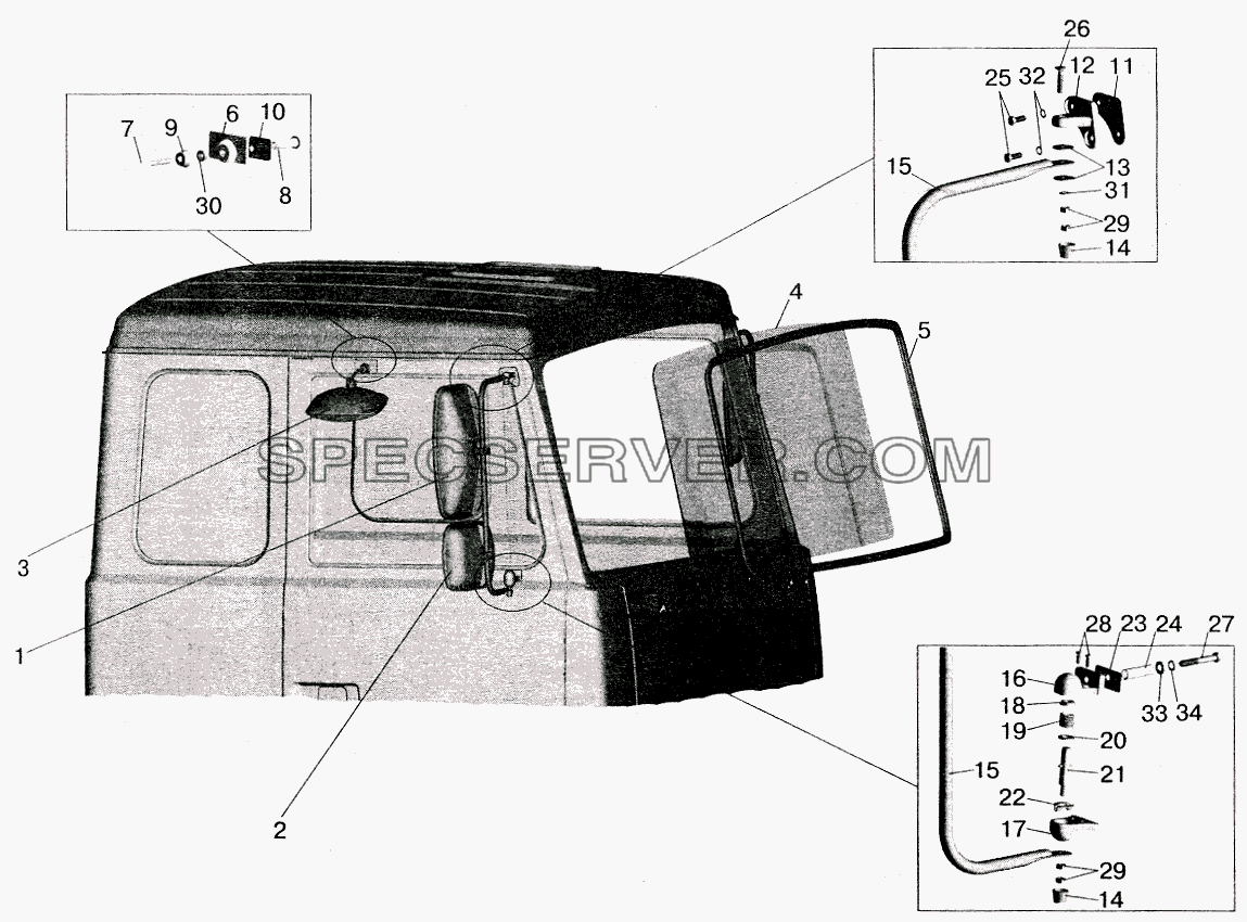 Установка стекол и зеркал на большую кабину для МАЗ-5516 (2003) (список запасных частей)