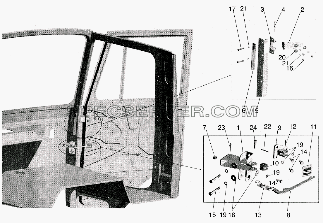 Установка ограничителя и петель двери для МАЗ-5516 (2003) (список запасных частей)