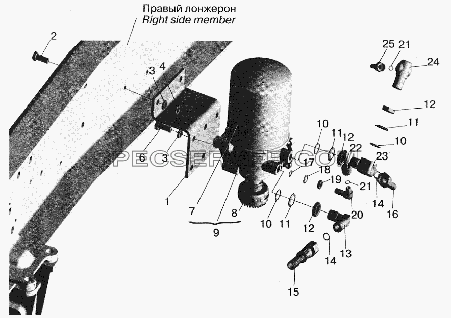 Установка осушителя воздуха и присоединительной арматуры МАЗ-555102 для МАЗ-5516 (2003) (список запасных частей)