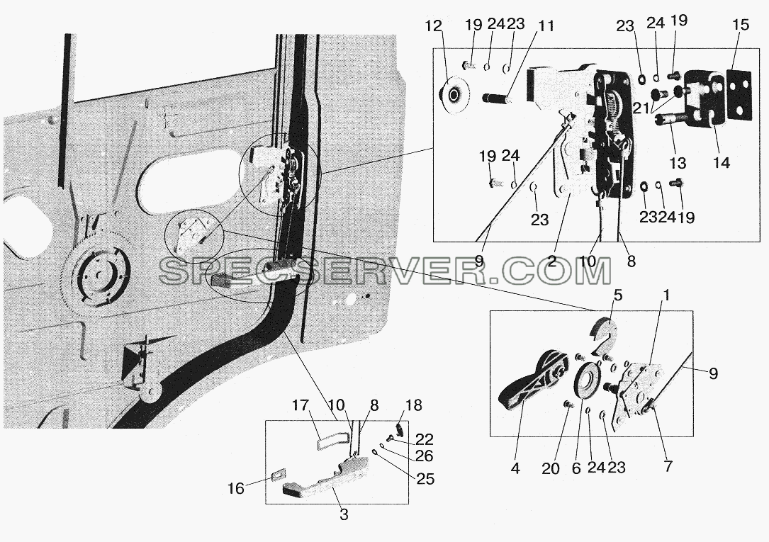 Установка наружной ручки и замка двери для МАЗ-5516 (2003) (список запасных частей)