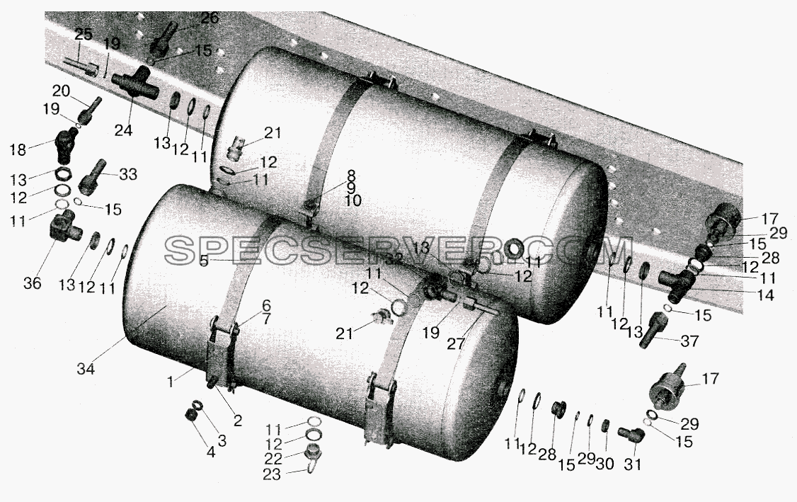 Установка ресиверов и присоединительной арматуры на МАЗ-543208, 543205 с пневмоподвеской для МАЗ-5516 (2003) (список запасных частей)
