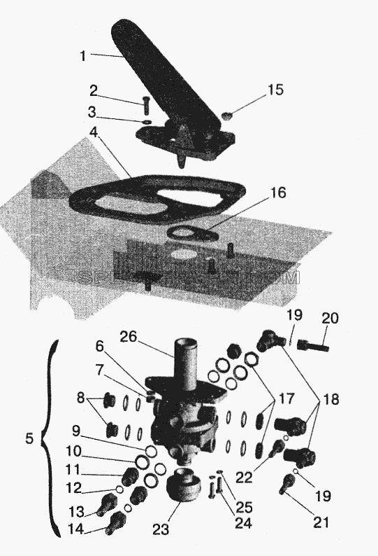 Тормозной кран с присоединительной арматурой МАЗ-543208, 543205, 543203, 543202 для МАЗ-5516 (2003) (список запасных частей)